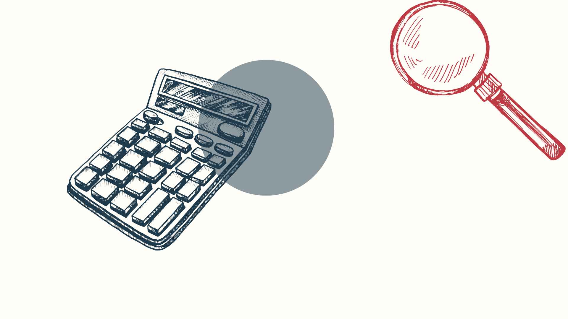 disegno calcolatrice e lente di ingrandimento per indicare la revisione strategica del business