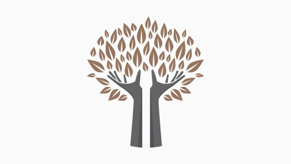 disegno di albero con tronco a forma di mani che sorreggono le foglie simbolo